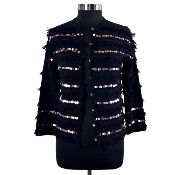 EDINBURGH KNITWEAR 100% WOOL FRINGE IRIDESCENT SEQUIN STRIPE CARDIGAN SWEATER - Picture 3 of 13